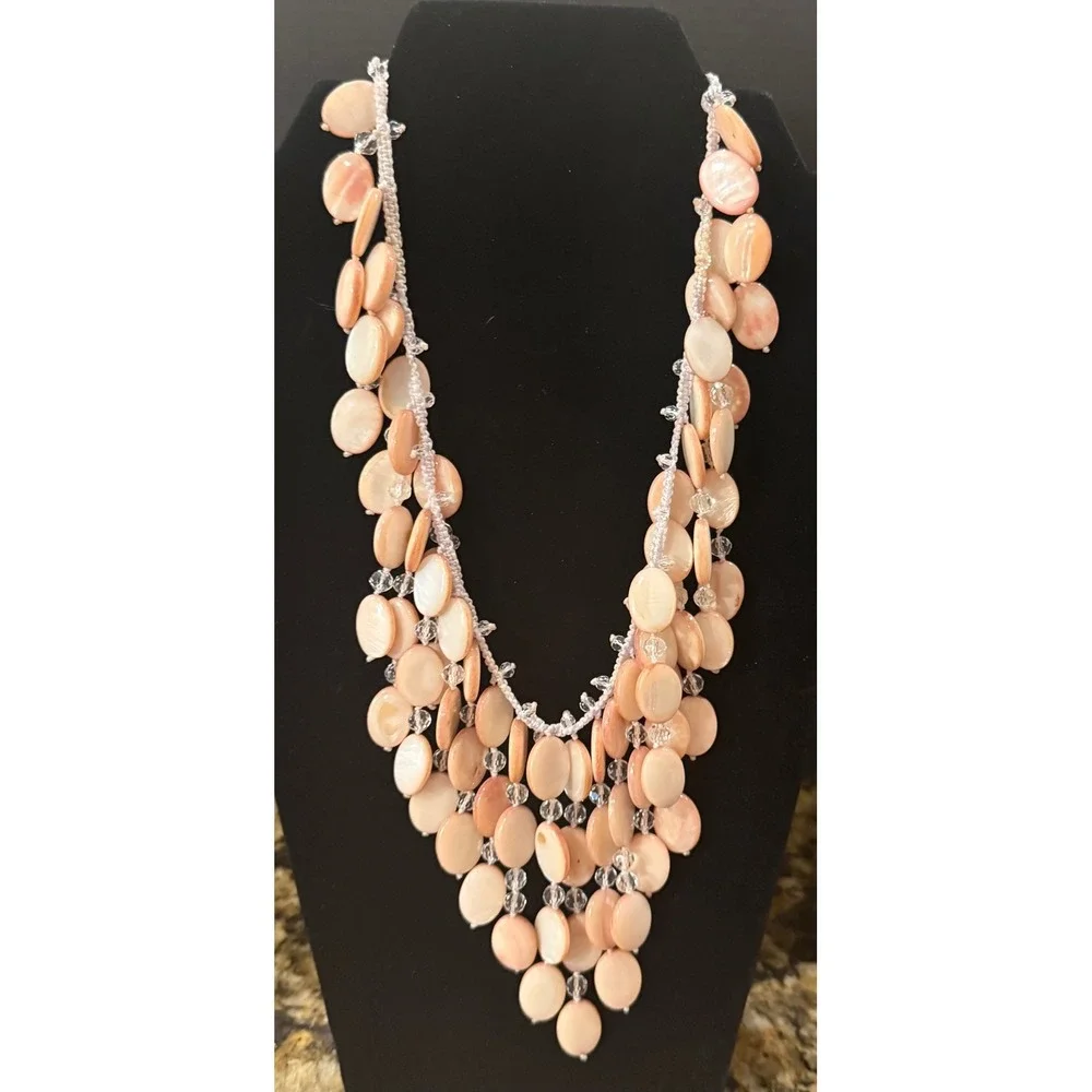 Womens Bib Necklace Pink Mother of Pearl Shell Layered Crystal Statement Boho